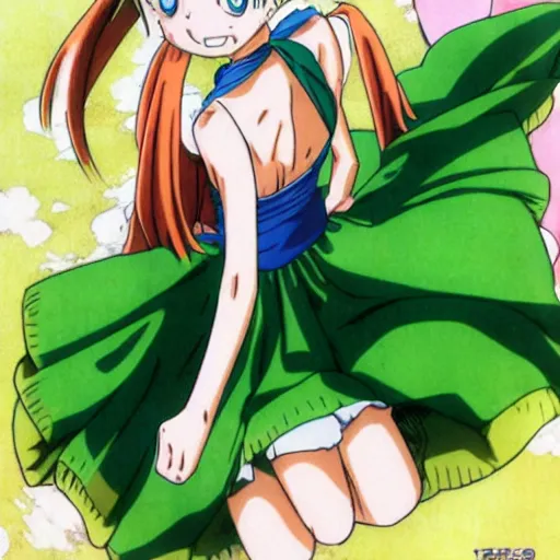 Image similar to anime, girl, green dress, flying, one piece, by akira toriyama