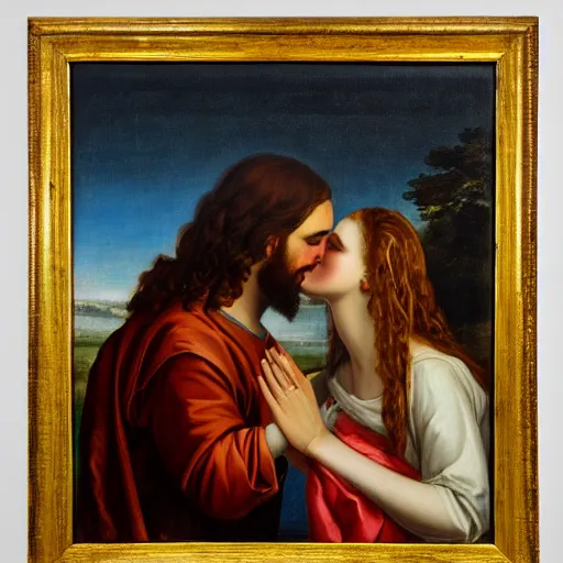 Image similar to an oil panting of a jesus kissing maria maddalena