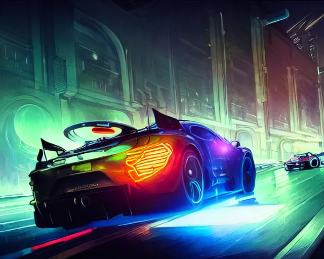 Image similar to sports car, night life, neon glow, race, speed, lights, lens flare, deep focus, d & d, fantasy, intricate, elegant, highly detailed, digital painting, artstation, concept art, matte, sharp focus, illustration, hearthstone, art by artgerm and greg rutkowski and alphonse mucha