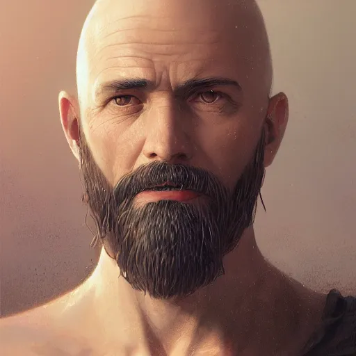 Image similar to highly detailed portrait from a balded gothic man with designer beard, stephen bliss, unreal engine, fantasy art by greg rutkowski, loish, rhads, ferdinand knab, makoto shinkai and lois van baarle, ilya kuvshinov, rossdraws, tom bagshaw, global illumination, radiant light, detailed and intricate environment