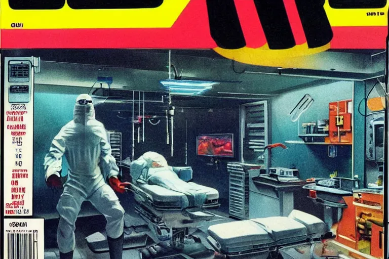 Image similar to 1979 OMNI Magazine Cover depicting a cyberware surgery operating room in a garage Cyberpunk Akira style by Vincent Di Fate