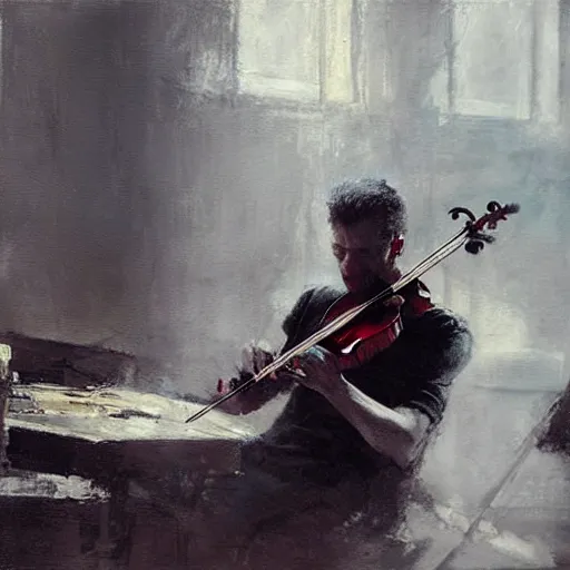 Prompt: satan competing in a violin contest, detailed jeremy mann painting