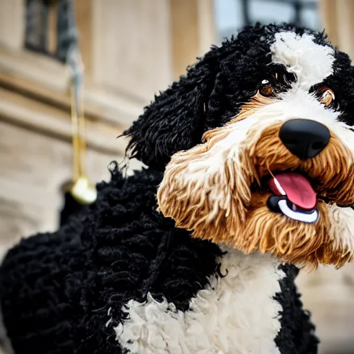 Image similar to a closeup photorealistic photograph of a cute smiling knitted bernedoodle judge dog dressed in a black gown, presiding over the courthouse. indoors, professional capture, well lit shot. this 4 k hd image is trending on artstation, featured on behance, well - rendered, extra crisp, features intricate detail, epic composition and the style of unreal engine.