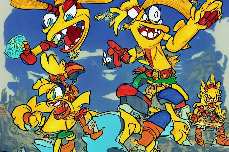 Image similar to concept sketches of crash bandicoot wearing a gold crown riding a large dragon by jamie hewlett, in the style of megaman, micro detail