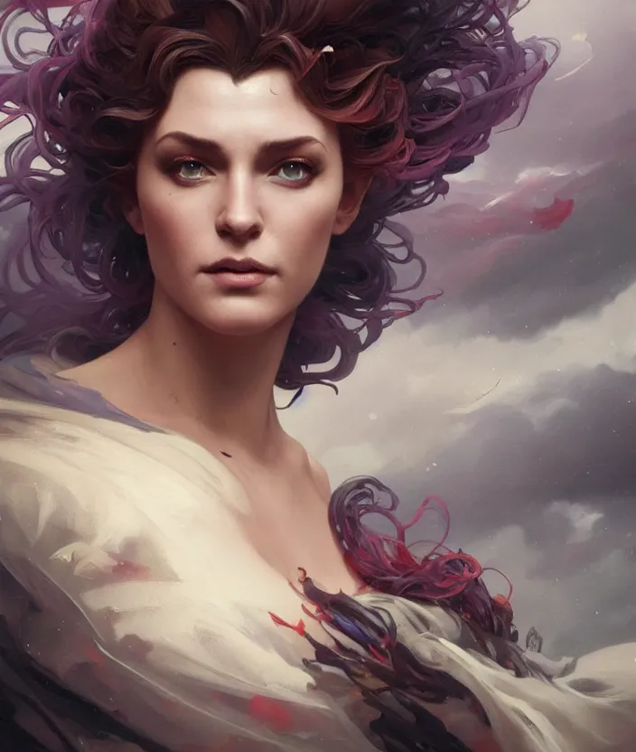 Image similar to excellent painted portrait of the queen of storms, high quality masterpiece painting with detailed face, 4k, trending on artstation, octane render, art by artgerm and greg rutkowski and alphonse mucha and craig mullins and James Jean and Andrei Riabovitchev and Marc Simonetti and peter mohrbacher