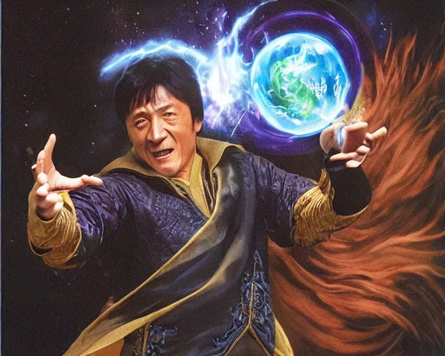 Prompt: jackie chan as an earth mage casting an earth magic spell, fantasy art, d & d, extremely detailed, high quality, award - winning,