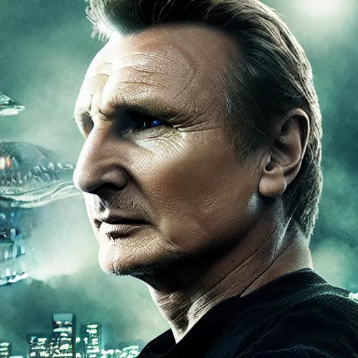 Image similar to liam neeson versus godzilla, movie poster, profile angle, high quality, realistic, head to head poster