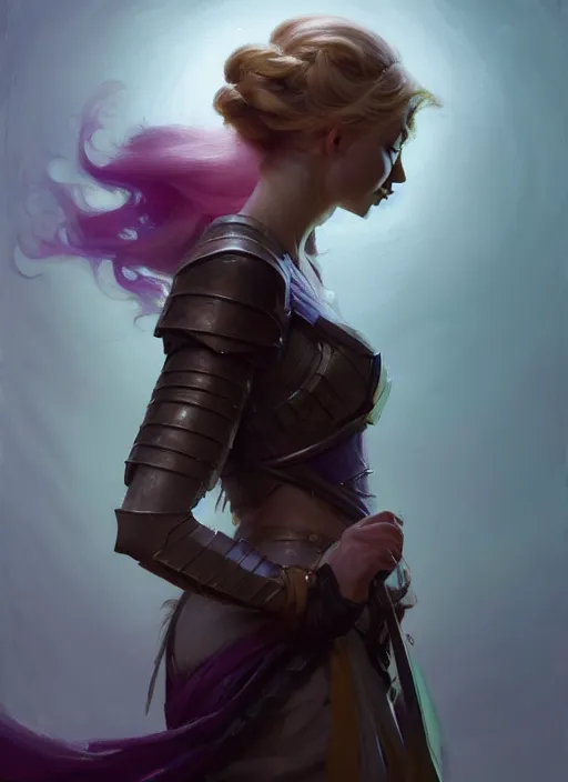 Prompt: side portrait, imogen poots, paladin, fantasy, gloomhaven, luminescent, organic painting, matte painting, bold shapes, hard edges, gaudy colors, by greg manchess, huang guangjian, gil elvgren, greg rutkowski, jesper ejsing, magali villeneuve, jeremy lipkin, michael garmash, artgerm