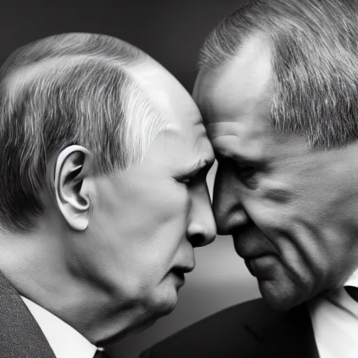 Prompt: a photo of vladimir putin kisses sergey lavrov, lovely kiss, kiss mouth to mouth, romantic, emotional, love scene, insane details, clear face, clear eyes, textured, 8 k resolution, professional photography, dslr, focus, zeiss lens, depth of field, studio quality, fashion photoshoot, extremely detailed, artistic, octane render