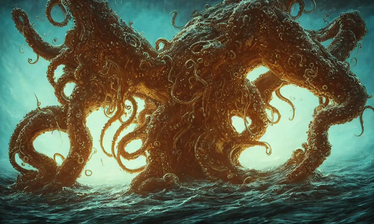 Prompt: Head Mysterious monster Cthulhu in the sea, huge tentacles sticking out of the water, oil on canvas, cold colors, perfect composition, golden ratio, beautiful detailed, photorealistic, digital painting, artstation, concept art, smooth, sharp focus, illustration, cyberpunk background, artstation trending, octane render, unreal engine