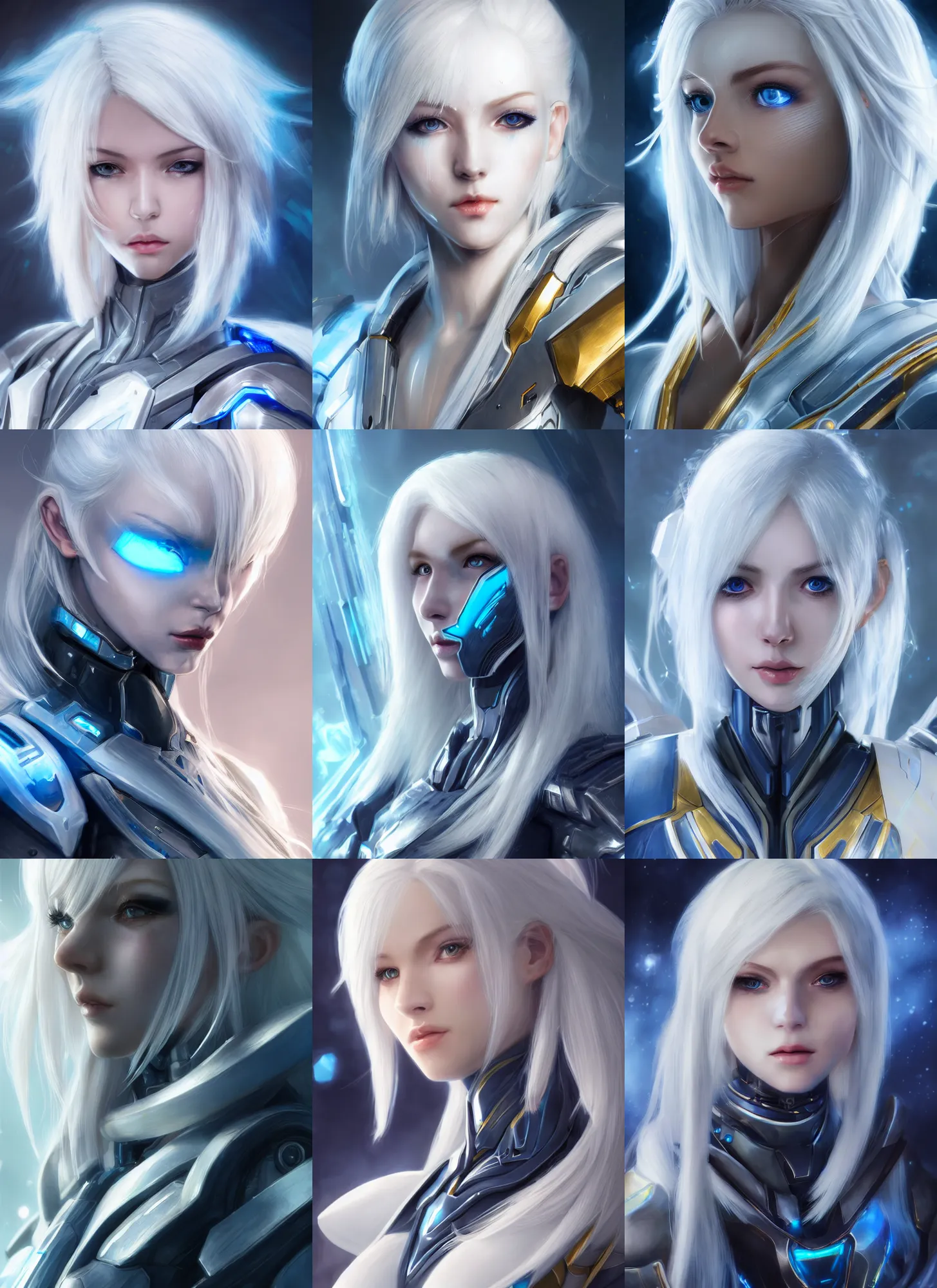 Prompt: detailed portrait of perfect white haired girl, android, warframe armor, beautiful, dreamy, pretty face, blue cyborg, eyes, innocent, scifi, 4 k, blue, gold, sun yunjoo, ultra realistic, aura of light, cinematic lighting, highly detailed, sharp focus, masterpiece, art by hyungjin yang