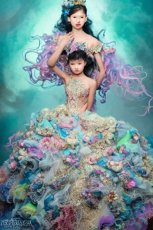 Image similar to A full body shot of a cute and mischievous young monster princess wearing an ornate gown. Covered in barnacles and tentacles. Dynamic Pose. Quinceanera dress. Rainbow palette. Dramatic Lighting. Eldritch. defined facial features, symmetrical facial features. Opalescent surface. Emerging from the darkness. Elegant. By Ruan Jia and Artgerm and Range Murata and WLOP and Ross Tran and William-Adolphe Bouguereau. Key Art. realistic, Hyperdetailed. Fantasy Illustration. Masterpiece. artstation, award winning, sharp, details, HD, HDR, 4K, 8K.