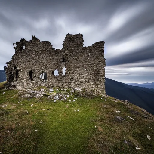 Prompt: photograph, a ruined castle on top of a big mountain, the photo was taken from very far away below the castke looking up at it, there are no other mountains around it, there is only sky in the background, day time, ambient lighting, exteme far up, ultra high detail, 8 k