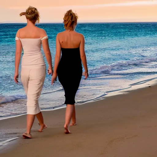 Prompt: Photograph of Jennifer Lawrence and Jennifer Lawrence walking along the beach together, golden hour, 8k,