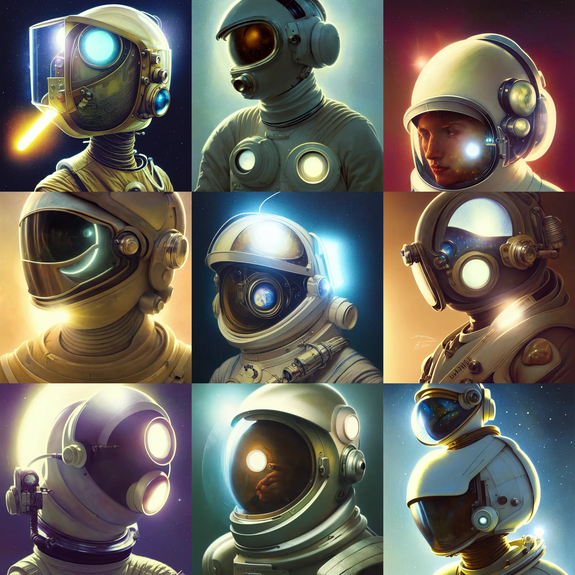 Image similar to ultra realistic retro futuristic astronaut helmet, lens flare, diffuse lighting, fantasy, intricate, elegant, highly detailed, lifelike, photorealistic, digital painting, artstation, illustration, concept art, smooth, sharp focus, art by John Collier and Albert Aublet and Krenz Cushart and Artem Demura and Alphonse Mucha