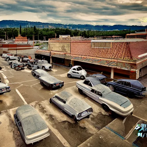 Image similar to Photograph of an ancient Roman McDonalds parking lot, wideshot,longshot,fullshot.