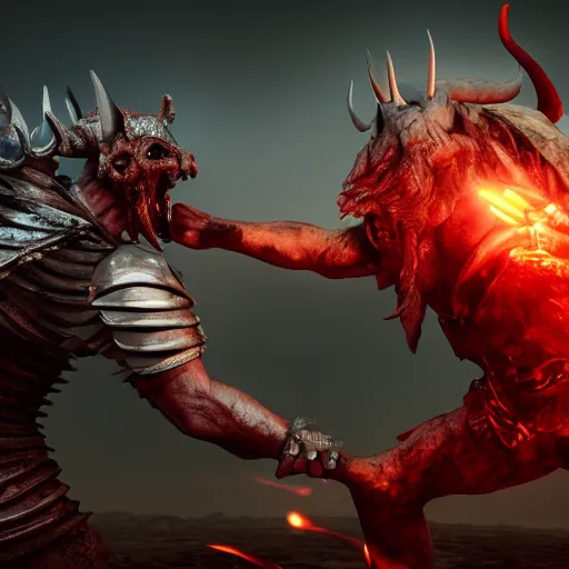 Image similar to Fight between a powerful demon and a knight , volumetric lighting, moon light, hyperrealistic, beautiful details, HDR, octane render, action shot, wide angle, horror theme, cinematic,