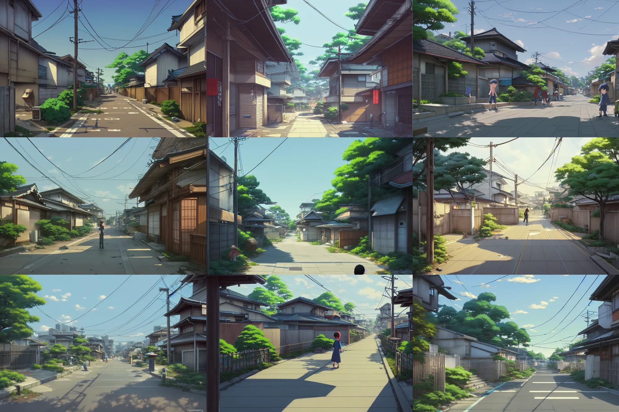 Prompt: a suburban japanese street in a medium town, fences, key visual, a digital painting by makoto shinkai and james gurney, trending on artstation, highly detailed