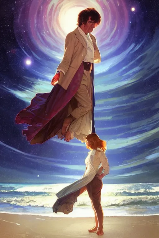 Prompt: the doctor who, patrick troughton on a beach, the ocean in the background, swirling colourful stars in the background, art by artgerm and greg rutkowski and alphonse mucha