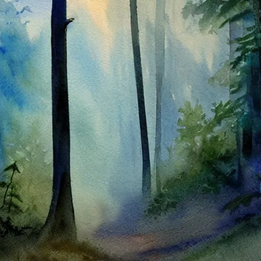 Prompt: a beautiful watercolor painting of a misty hollow with a winding path through an appalachian pine forest at dawn, godrays, mystical, deep shadows, epic scale