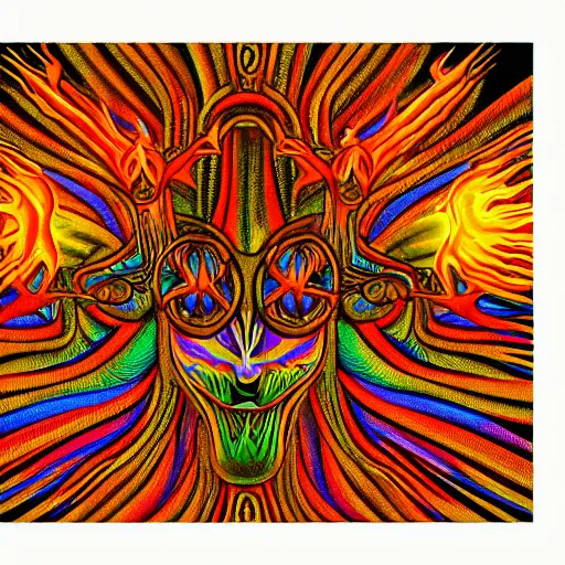 Image similar to three - headed robotic flaming hell chicken, sacred geometry, alchemy, secrets of the merkabah, psychedelic, in the style of alex grey and lisa frank