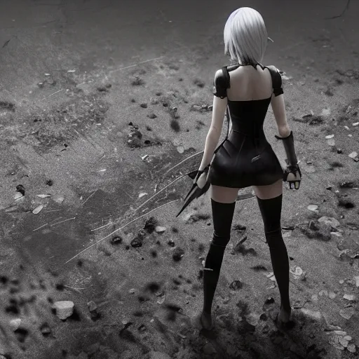 Prompt: a2 from nier automata looking at the ground with despair, full body, incredibly detailed ultra realistic 4k image, trending on artstation