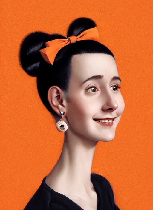 Image similar to portrait of high school girl, realistic, black hair, bangs, half updo hairstyle, pointy nose, skinny, smile, ugly, defined jawline, big chin, orange hair bow, earrings, intricate, elegant, glowing lights, highly detailed, digital painting, artstation, sharp focus, illustration, art by wlop, mars ravelo and greg rutkowski