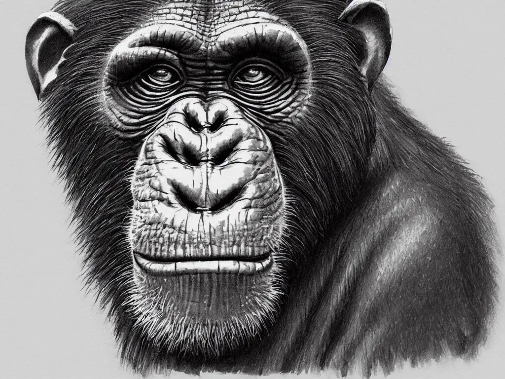 Image similar to Zoological illustration sketch of a chimpanzee with intricate ornate details and embellishments, high detail, hyperrealistic, concept art, artstation, 8k