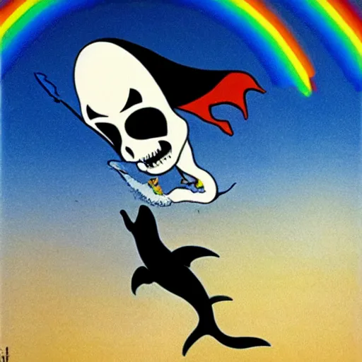 Image similar to the grim reaper riding a dolphin that is jumping over a rainbow, by tex avery,