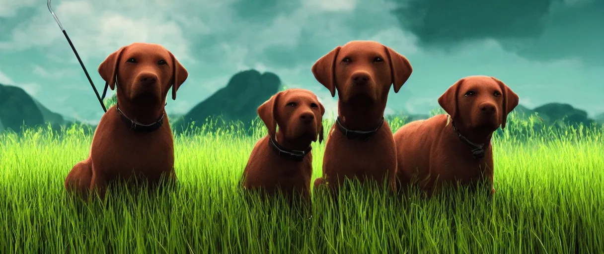 Prompt: green alien labrador retrievers with glowing third eyes and fuzzy antennae bound through a lush ocean of grass set in between majestic mountains, artstation, cinematic, 4 k, concept art