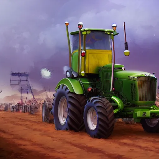 Image similar to farm tractors revolution, robots revolution, angry bots, matte painting, digital art, trending on artstation, high quality