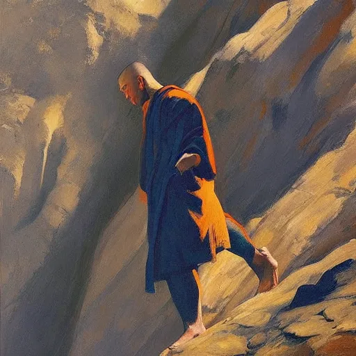 Image similar to ripped physique portrait of the astute monk blue robe climbing the treacherous mountain stairway to the monastery jamie wyeth james gilleard edward hopper greg rutkowski acrylic painting