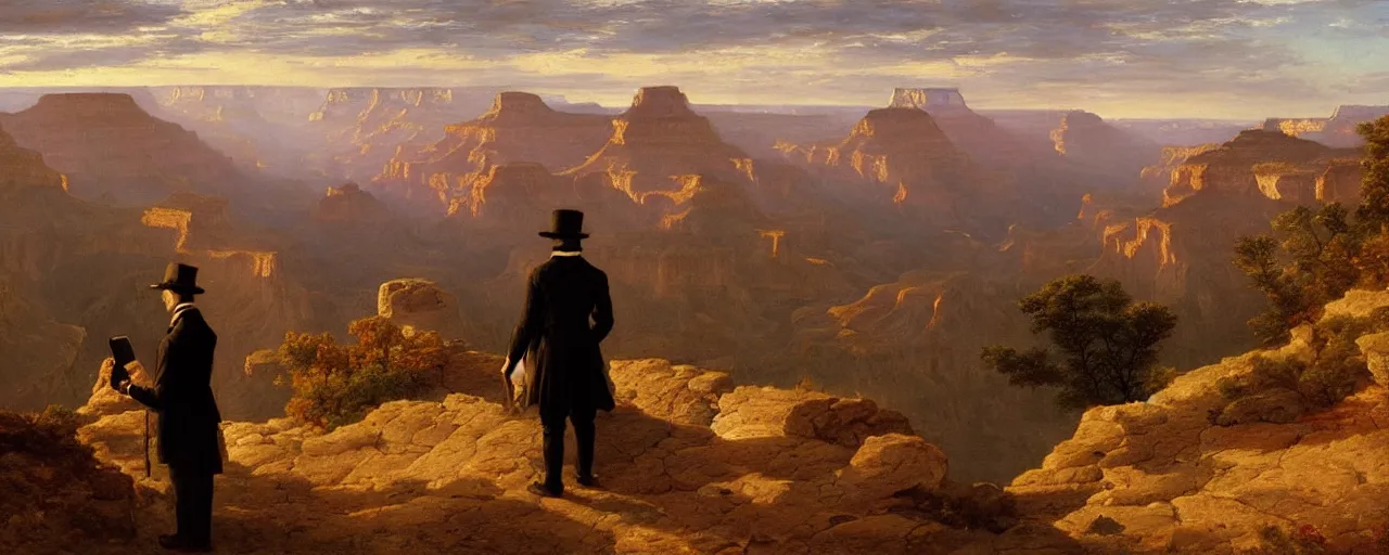 Prompt: romantic painting, wide shot of a lone gentleman in 1 9 th century clothing ( looking at his cellphone )!!!!!! in front of a the grand canyon at sunrise, highly detailed, sublime, hyperrealistic, painted by caspar david friedrich and albert bierstadt, trending on artstation 8 k