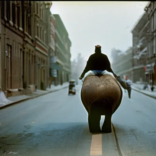 Image similar to a man riding a walrus down the street, kodachrome, 3 5 nn f 1, 4 lens, dramatic lighting, masterpiece