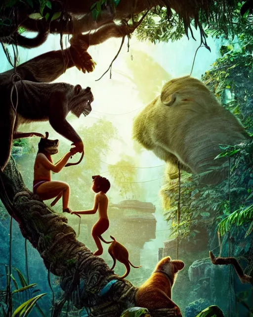 Prompt: still from the jungle book if made by elon musk and bill gates, portrait, illustration, rim light, top light, summer clear blue sky, perfectly shaded, soft painting, epic, intricate, art