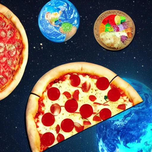 Image similar to giant pizza hovering above planet earth