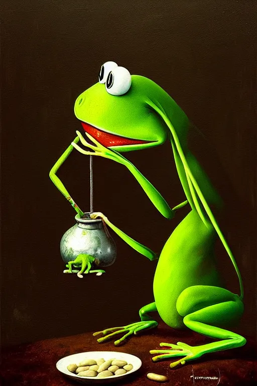 Image similar to hieronymus bosch, greg rutkowski, anna podedworna, painting of kermit the frog eating beans