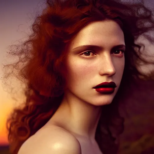 Image similar to photographic portrait of a stunningly beautiful spanish renaissance female in soft dreamy light at sunset, dark lipstick, contemporary fashion shoot, by edward robert hughes, annie leibovitz and steve mccurry, david lazar, jimmy nelsson, breathtaking, 8 k resolution, extremely detailed, beautiful, establishing shot, artistic, hyperrealistic, beautiful face, octane render