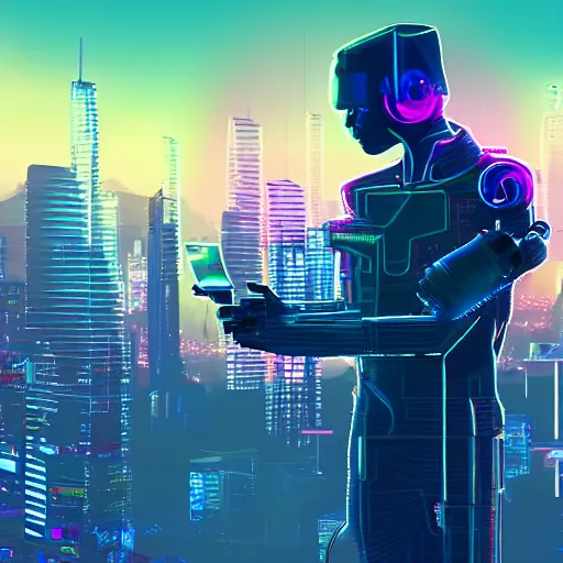 Image similar to A cyberpunk cybernetic synthwave cyborg android smoking weed while staring out at the city below