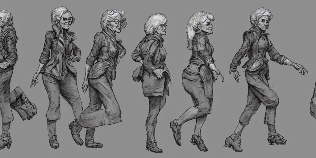 Prompt: nice old lady running down a dream, character sheet, fine details, concept design, contrast, brigitte bardot, kim jung gi, greg rutkowski, trending on artstation, 8 k, full body, turnaround, front view, back view, ultra wide angle