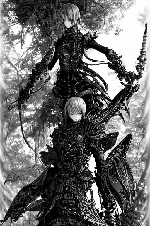 Image similar to a vertical portrait of a character in a scenic environment by Yoshitaka Amano and Nihei Tsutomu, black and white, dreamy, steampunk armor, highly detailed