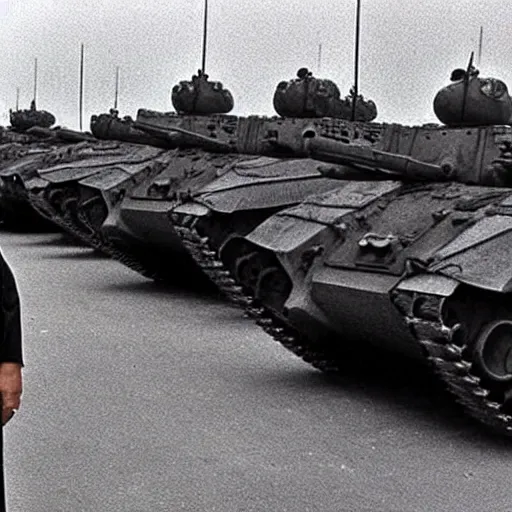 Image similar to Danny DeVito standing in front of Chinese tanks, photograph taken by AP, Tiananmen Square, Beijing