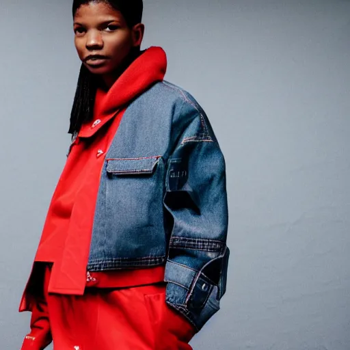 Image similar to realistic photoshooting for a new balenciaga lookbook color film photography of a beautiful woman model, model wears a workwear jacket, photo in style of tyler mitchell, ssense