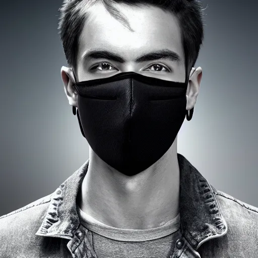 Prompt: professional digital art of a young adult man with a stylish face mask, earrings, and dark clothes, high quality, HD, 8K, highly detailed