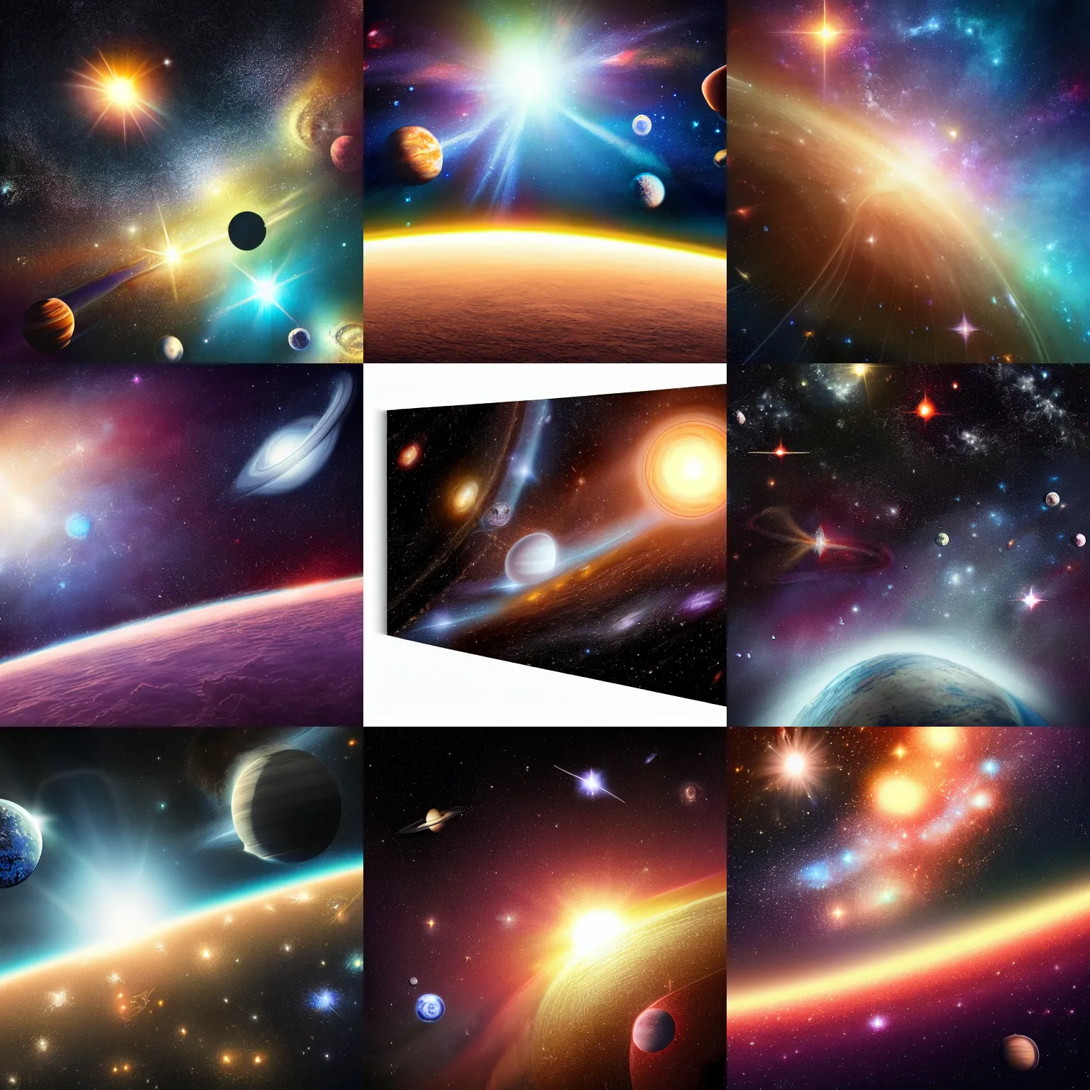 Prompt: Massive realistic dark expansive space scene with tiny point source stars of different colors, Hubble deep field background, rich powerful intricate detailed realistic artistic, planets with megastructures on them, lens flares