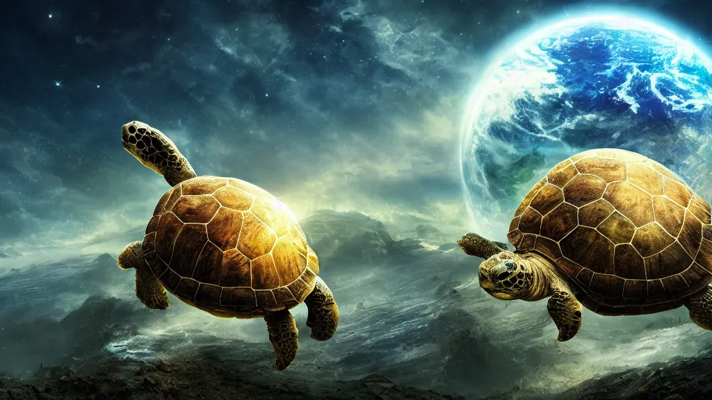 Image similar to the world turtle carrying earth on his back as it floats through space, shell made up of earth, fantasy artwork, very very very beautiful scenery, hd, hdr, ue5, ue6, unreal engine 5, cinematic 4k wallpaper, 8k, ultra detailed, high resolution, artstation, award winning