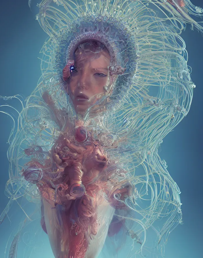 Image similar to goddess portrait. jellyfish phoenix head. intricate artwork by Tooth Wu and wlop and beeple. octane render, trending on artstation, greg rutkowski very coherent symmetrical artwork. cinematic, hyper realism, high detail, octane render, 8k