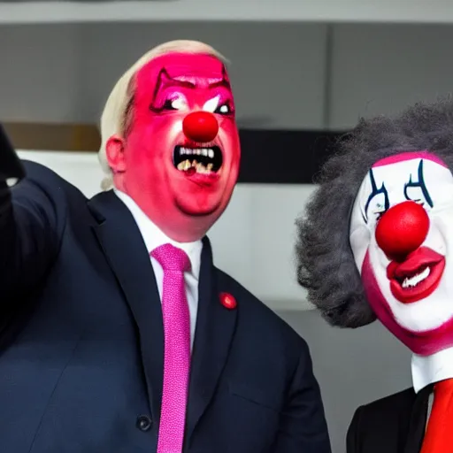 Prompt: a president with clown face taking a selfie in a podium next to an angry first minister