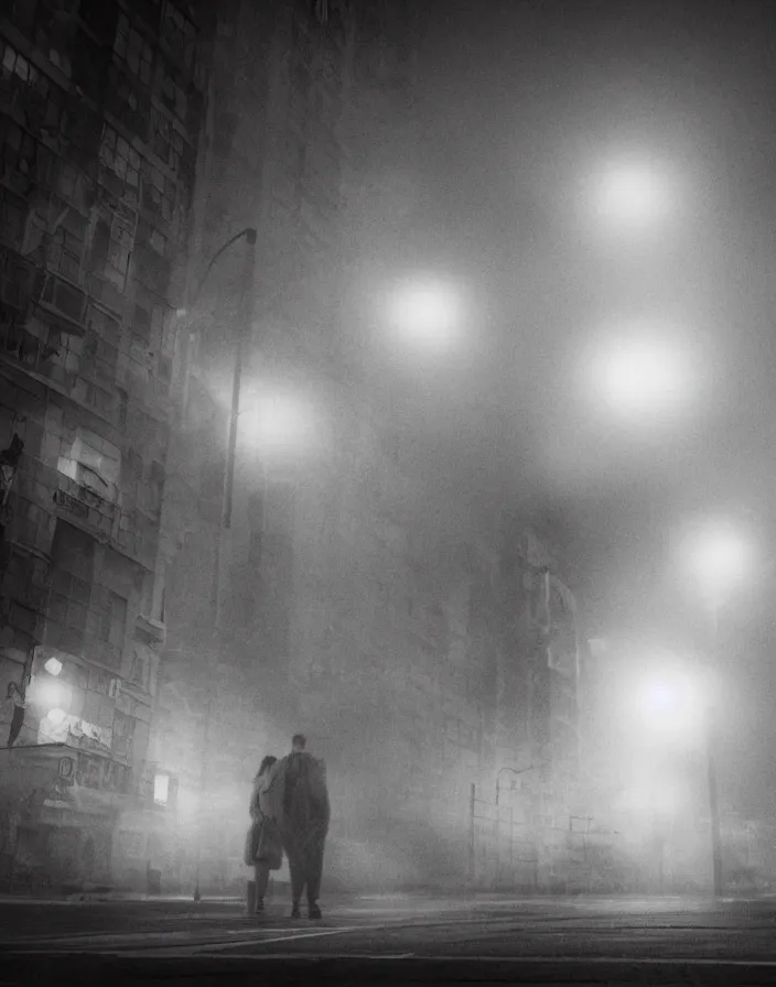 Image similar to very low - resolution found footage of a couple escaping in the city from a starfish kaiju monster, fog, foggy, korean film noir, monochrome, red hue, thriller, underdeveloped, epic, dramatic