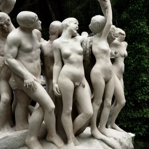 Image similar to hundreds of humans. A sea of humans. interconnected flesh. Crowdcrush. Many humans intertwined and woven together. Bodies and forms amesh. Sculpture by Auguste Rodin.